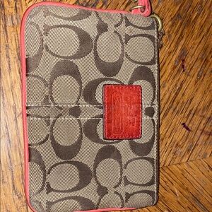 Coach Brown Canvas Wristlet with Red Leather Patch